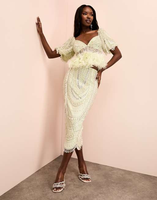 ASOS Luxe - Gonna midi verde decorata con perle in coordinato