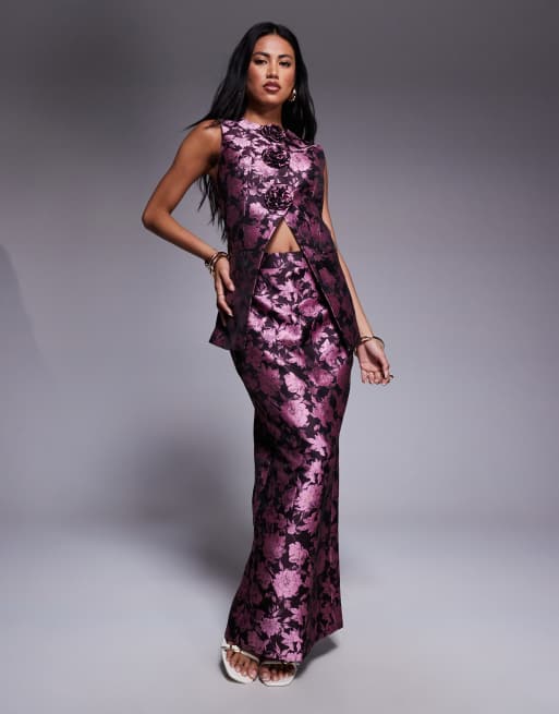 ASOS LUXE - Gonna sartoriale rosa a fiori jacquard con spacco sul retro in coordinato
