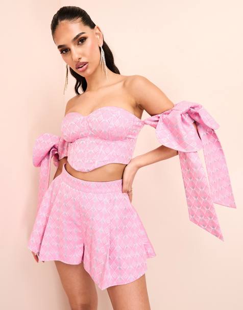 ASOS Luxe – Gorsetowy top bandeau z kokardkami na rękawach w żakardowy różowy wzór, część zestawu - view 1