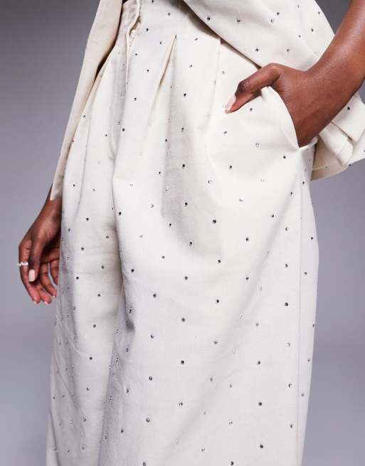 ASOS LUXE – Gräddvita linnebyxor med vida ben och strass, del av set, 2 av 5
