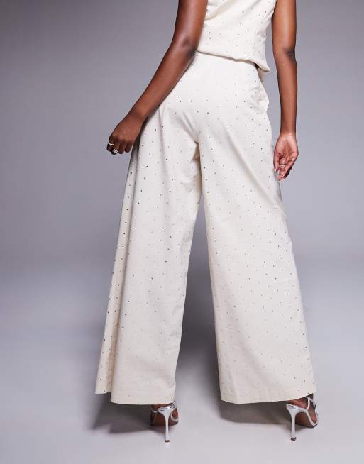 ASOS LUXE – Gräddvita linnebyxor med vida ben och strass, del av set, 3 av 5