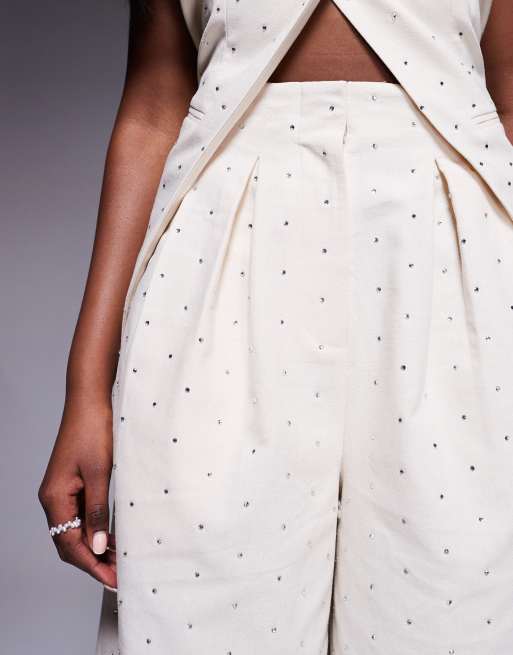 ASOS LUXE – Gräddvita linnebyxor med vida ben och strass, del av set, 4 av 5