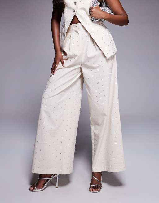 ASOS LUXE – Gräddvita linnebyxor med vida ben och strass, del av set, 5 av 5