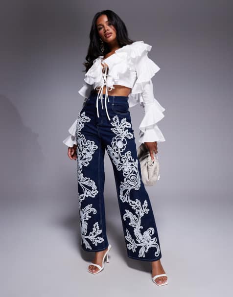 ASOS LUXE embellished cornelli straight leg jean in dark wash in dark blue