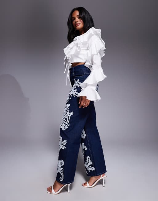 ASOS Luxe – Granatowe jeansy z prostymi nogawkami i zdobieniami, 3 z 5