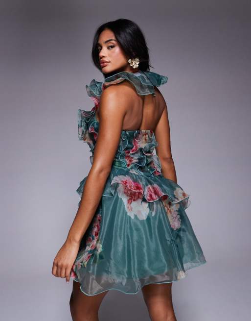 ASOS Luxe - Grøn minikjole i organza med blomsterprint og flæser samt corsage, 2 af 4