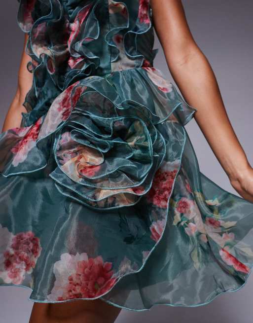 ASOS Luxe - Grøn minikjole i organza med blomsterprint og flæser samt corsage, 3 af 4