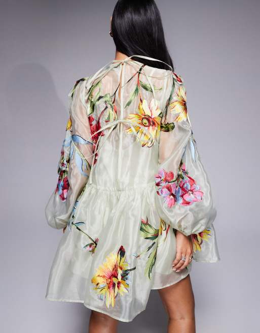 ASOS LUXE – Grön, kort klänning i organza och oversize med broderade blommor, 3 av 4