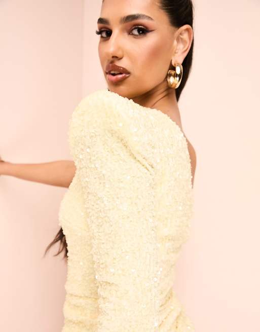 ASOS LUXE – Gul, enaxlad miniklänning med asymmetrisk drapering och paljetter, 3 av 4