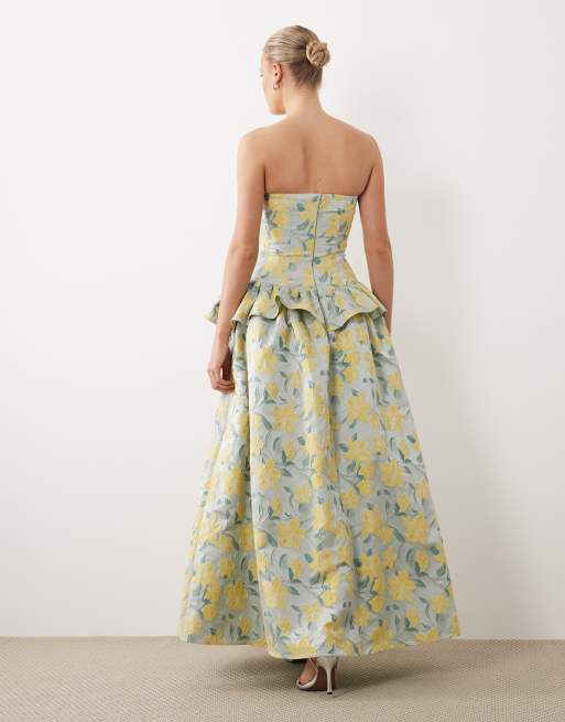ASOS LUXE – Gul och blå, plisserad maxiklänning i jacquard med bandeau-ringning, 2 av 4