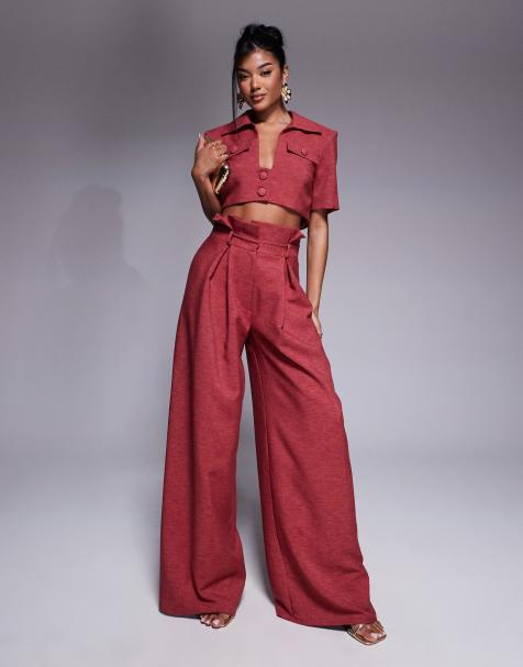 ASOS LUXE – Hallonrosa vida byxor med paper bag-midja, del av set - view 1