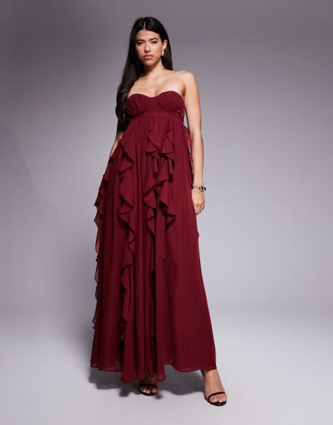 ASOS LUXE halter maxi dress with waterfall ruffles in berry - view 1