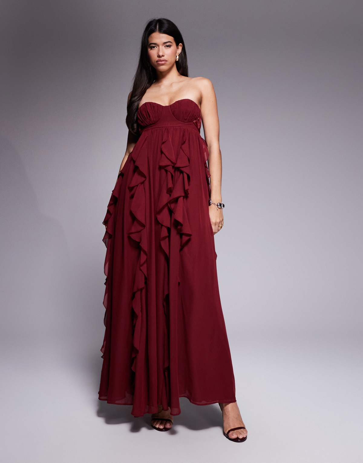 ASOS LUXE halter maxi dress with waterfall ruffles in berry