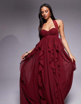 Asos Luxe Halter Maxi Dress With Waterfall Ruffles In Burgundy