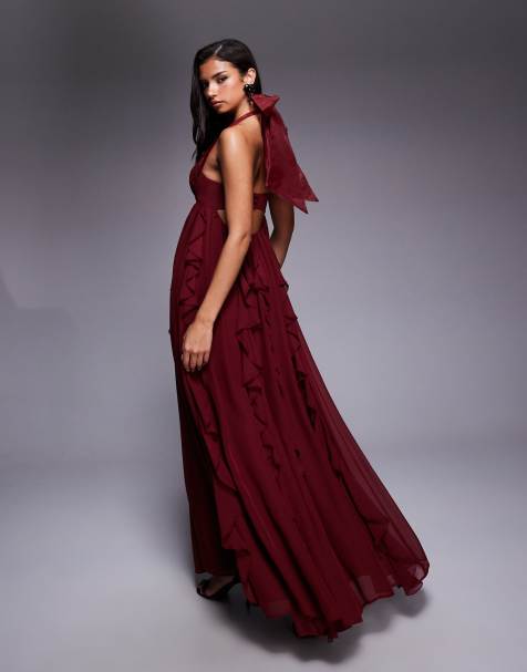 ASOS LUXE halter maxi dress with waterfall ruffles in berry - view 1