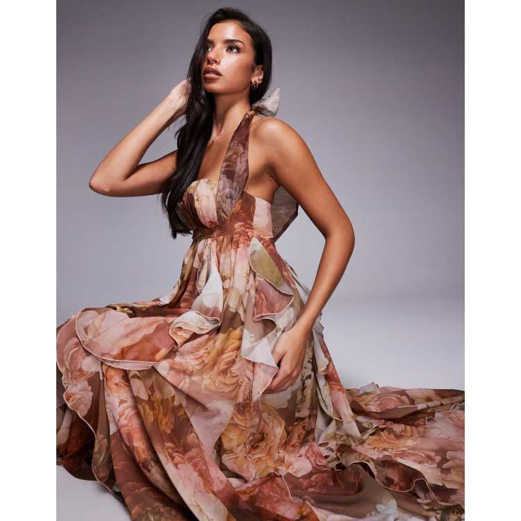 ASOS LUXE halter maxi dress with waterfall ruffles in brown floral print |  ASOS
