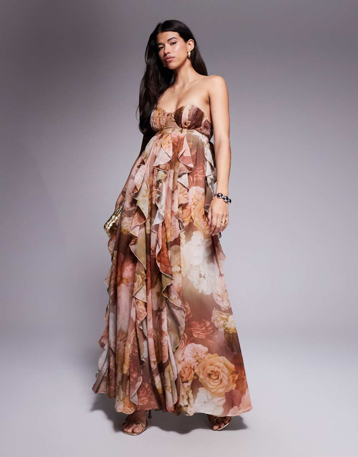 ASOS LUXE halter maxi dress with waterfall ruffles in brown floral print