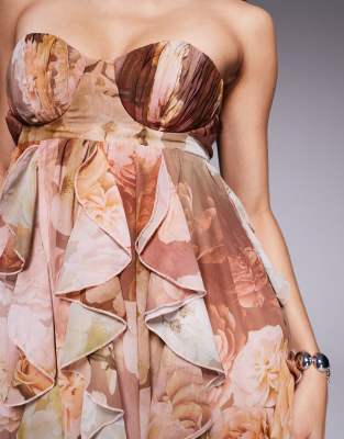 Asos Luxe Halter Maxi Dress With Waterfall Ruffles In Brown