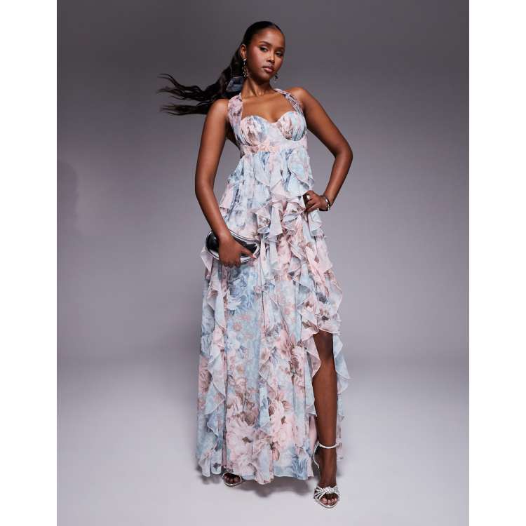 ASOS LUXE halter maxi dress with waterfall ruffles in lace