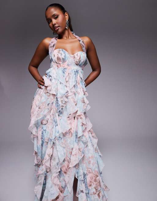 ASOS LUXE halter maxi dress with waterfall ruffles in lace