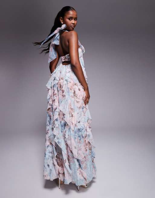 ASOS LUXE halter maxi dress with waterfall ruffles in lace