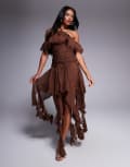 [ASOS LUXE] ASOS LUXE halter neck chiffon playsuit with ruffle detail in chocolate-Brown 6 BROWN