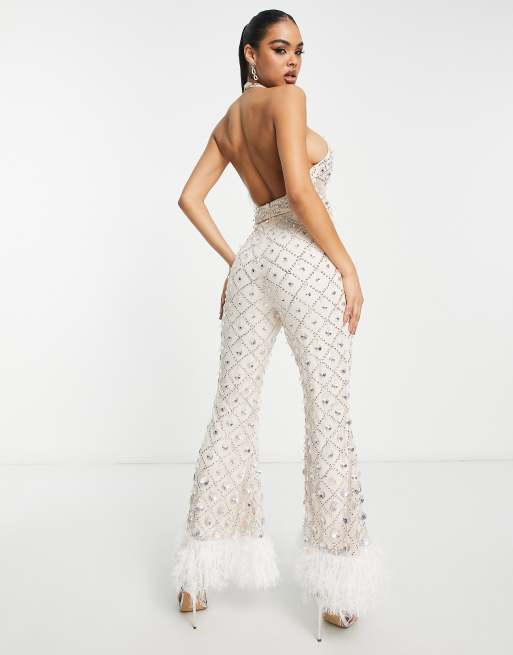 ASOS LUXE embellished sweetheart bandeau kick flare jumpsuit in rose gold