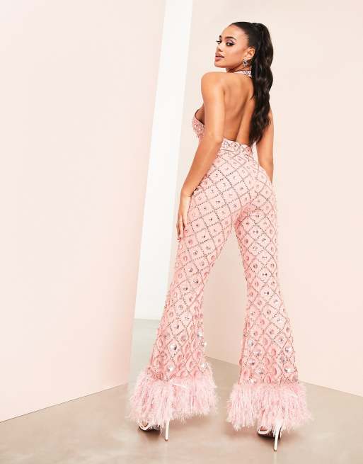 ASOS LUXE halter neck corsetted wide leg embellished jumpsuit in pink, 2 of 4