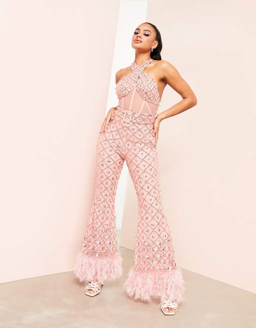ASOS LUXE halter neck corsetted wide leg embellished jumpsuit in pink, 3 of 4