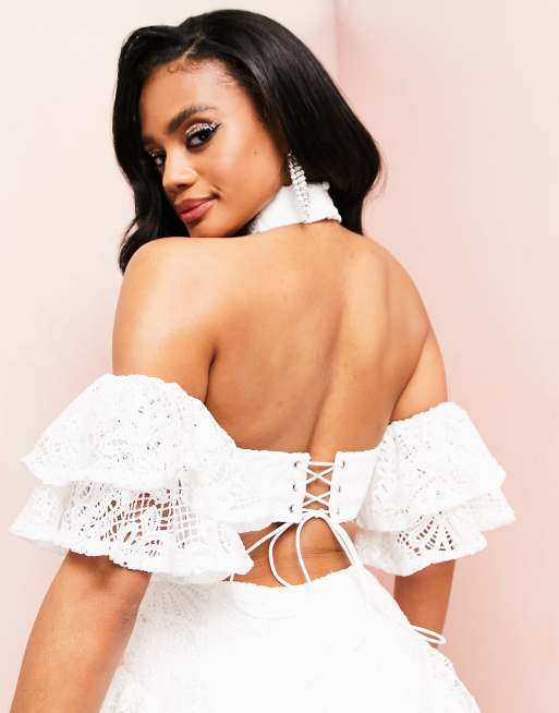 ASOS LUXE halter neck lace ruffle beach sleeve crop top in white