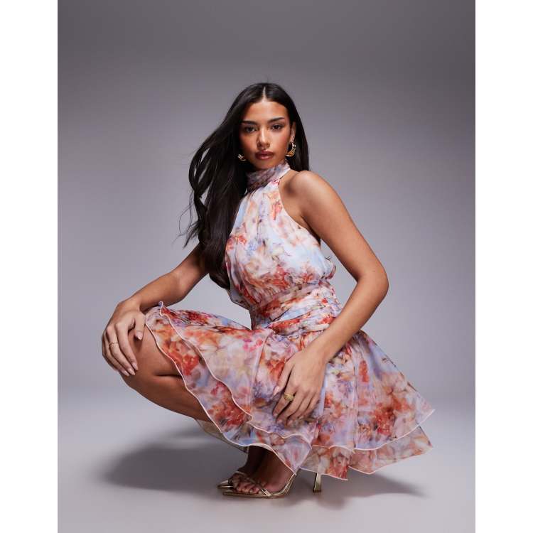 asos luxe organza ruched halter neck maxi dress mini with skirt in floral print Blush halter