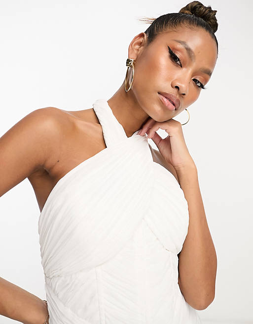 ASOS LUXE halter neck ruched mini dress with tulle hem in white