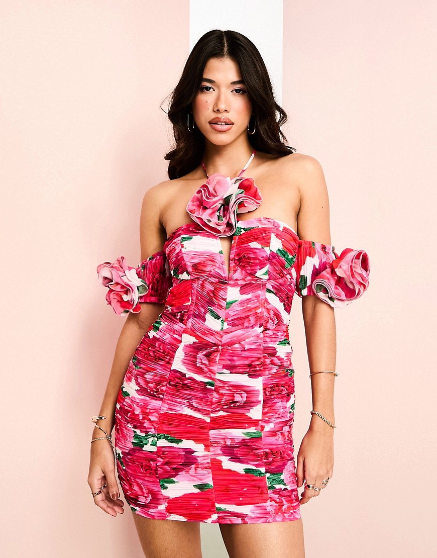 ASOS LUXE halter ruched mini dress with corset bodice & corsage detail in rose print-Pink