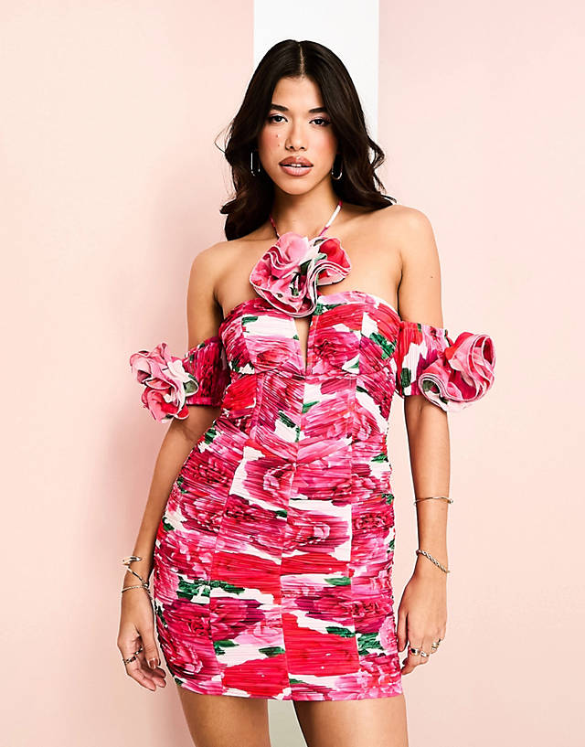 ASOS LUXE - halter ruched mini dress with corset bodice & corsage detail in rose print