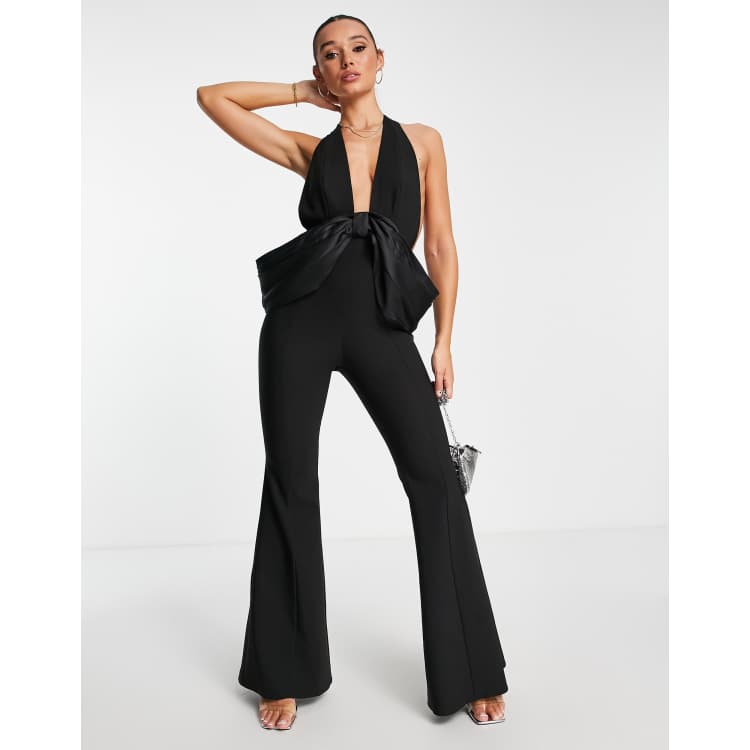 ASOS LUXE halterneck backless bow detail jumpsuit in black