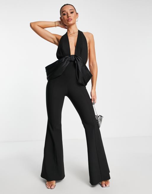 ASOS LUXE halterneck backless bow detail jumpsuit in black