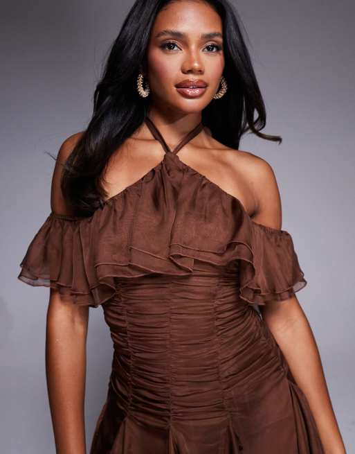 ASOS Luxe Halterneck Chiffon Romper with Ruffle Detail in chocolate-Brown
