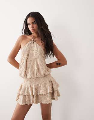 halterneck textured tiered mini dress in camel-Neutral