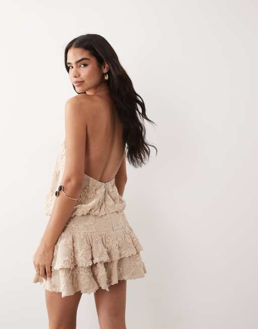 ASOS LUXE halterneck textured tiered mini dress in camel, 3 of 4