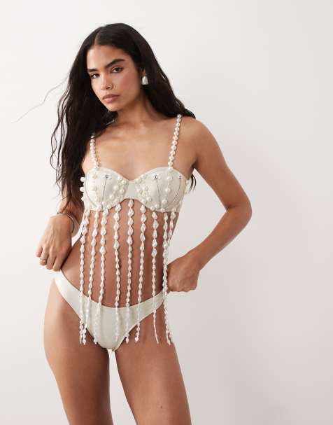 ASOS LUXE - Haut de bikini à franges orné de perles - Blanc - view 1