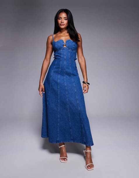 ASOS LUXE heart cup denim maxi dress in mid wash blue - view 1