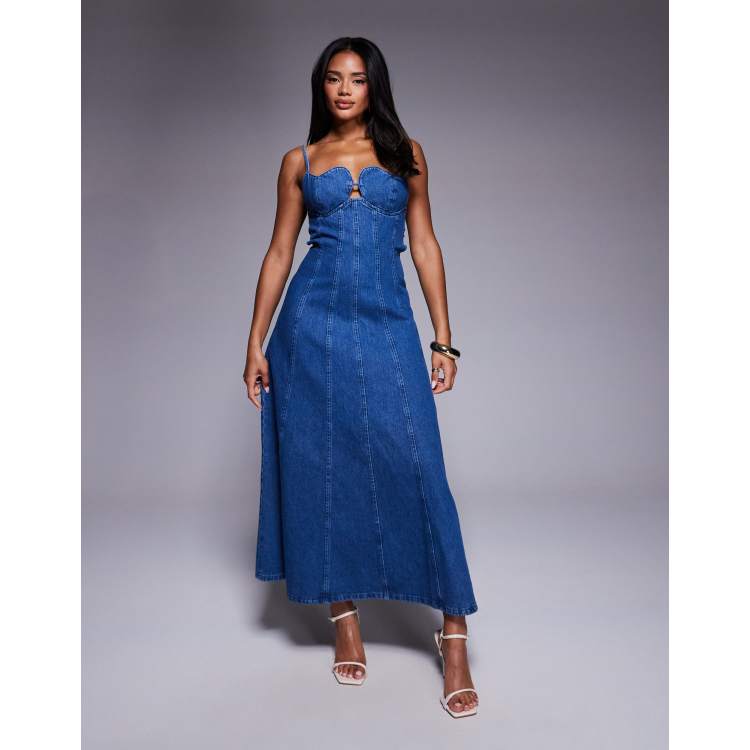 ASOS LUXE heart cup denim maxi dress in mid wash blue | ASOS