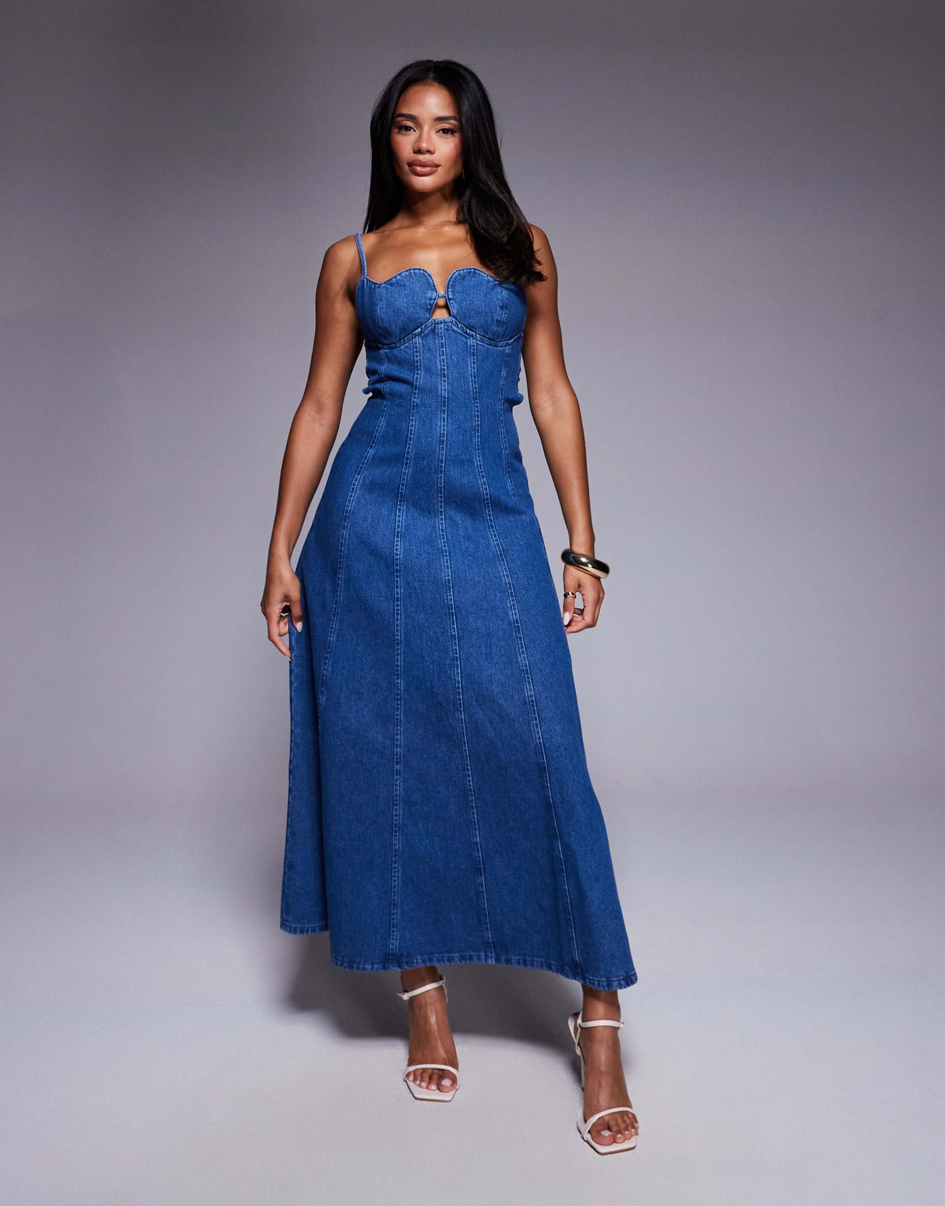 asos luxe heart cup denim maxi dress in mid wash blue