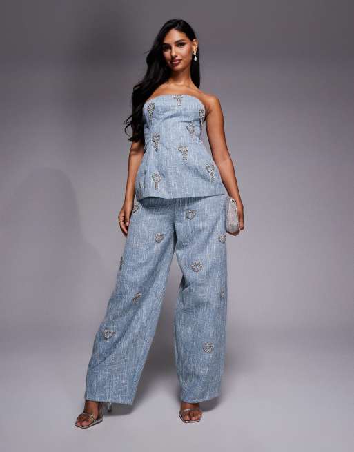 ASOS LUXE heart embellished boucle corset bandeau top co-ord in light blue, 3 of 4