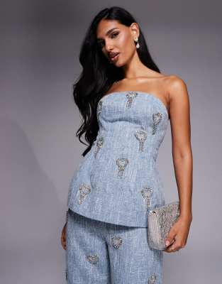Asos Luxe Heart Embellished Bouclé Corset Bandeau Top In Blue