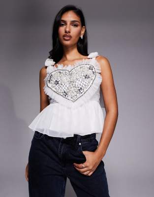 Asos Luxe Heart Embellished Peplum Top With Bow Shoulder Details In Multi