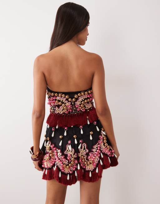 ASOS LUXE heavily embellished mini dress with tassels in black, 2 of 4