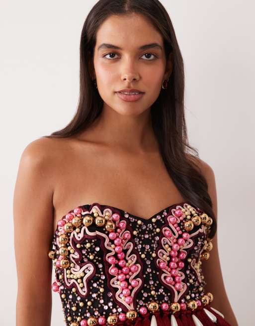 ASOS LUXE heavily embellished mini dress with tassels in black, 3 of 4