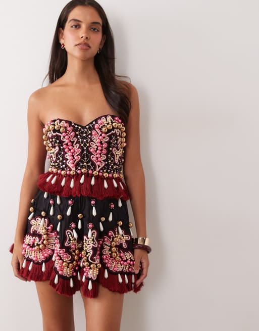 ASOS LUXE heavily embellished mini dress with tassels in black, 4 of 4