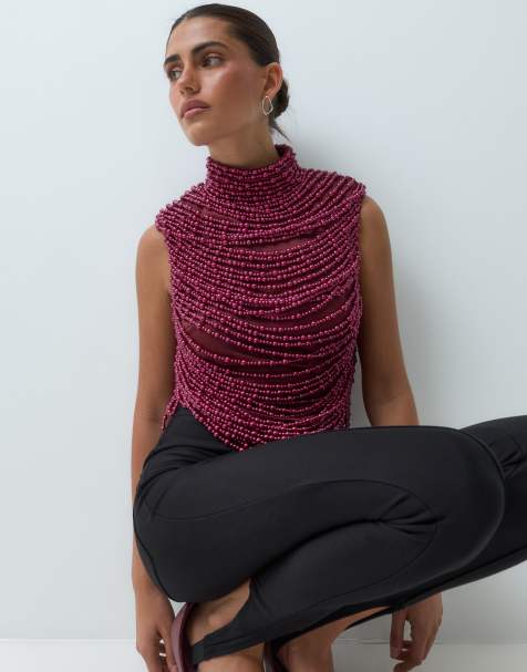 ASOS LUXE high neck beaded top in burgundy - view 1